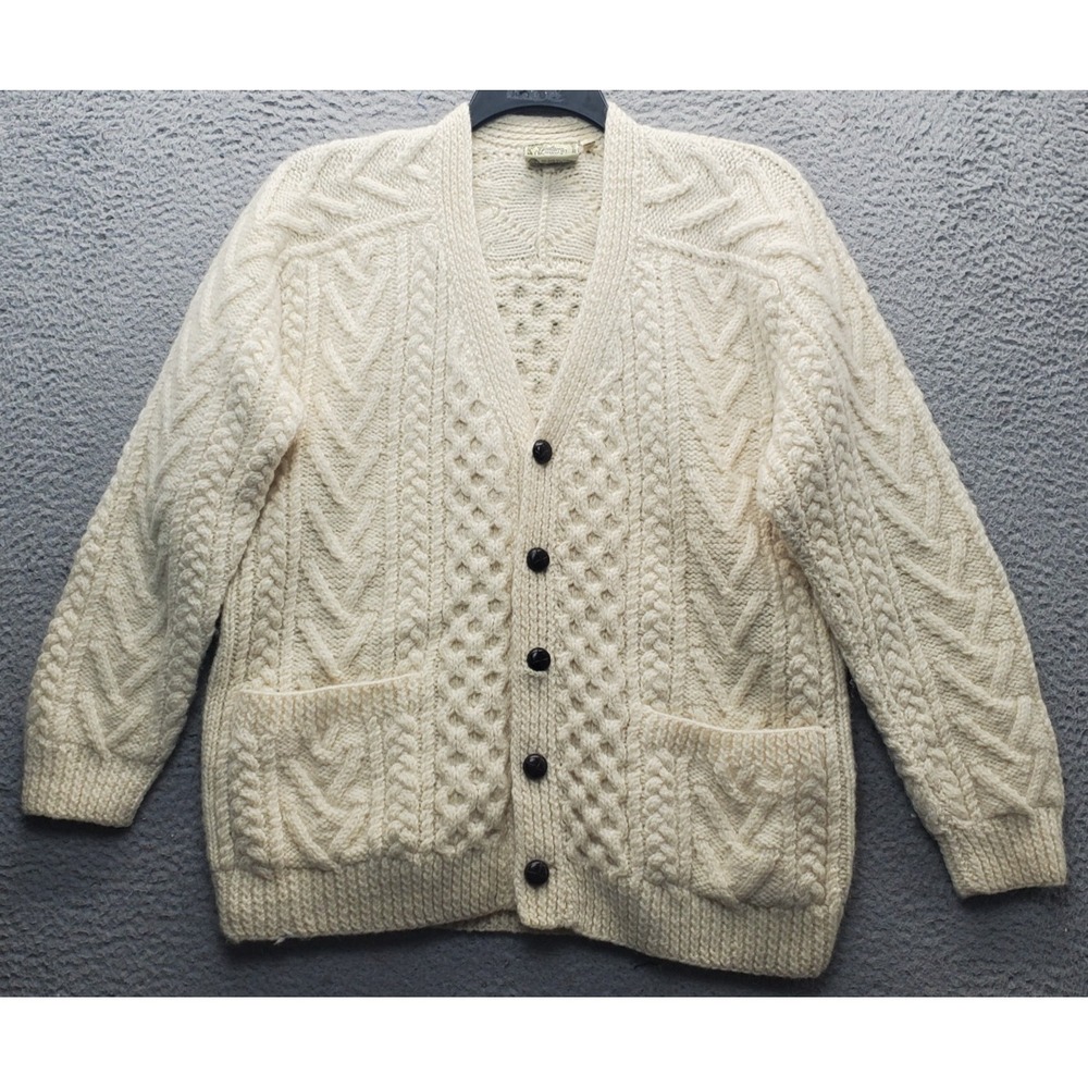 Gaeltarra Cardigan Sweater Mens L Tan Fisherman Irish Aran Hand Knit Pure Wool